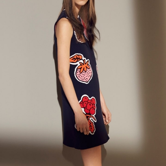 Black Fruits Print Wool Sleeveless Mini Shift Dress - Picture 3 of 8